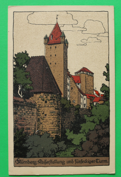 AK Nürnberg / 1910-20 / Litho / Kaiserstallung Fünfeckiger Turm Stadtmauer / Künstler Steinzeichnung Stein-Zeichnung / Monogramm L